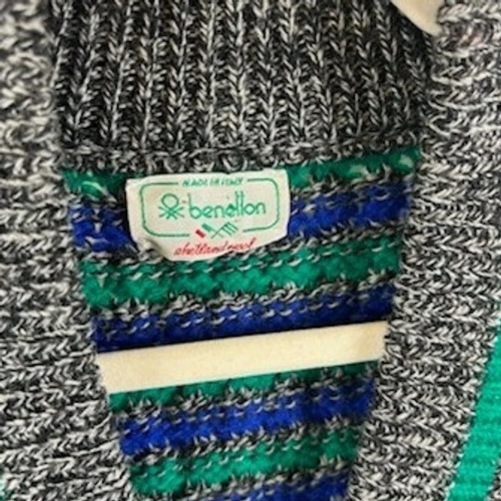 Benetton Sweater Men's Size 50 Large Blue Green Gray Striped Wool Vintage